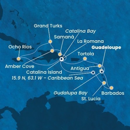 Guadeloupe, Zámořské společenství Francie, Antigua a Barbuda, Britské Panenské ostrovy, Dominikánska republika, Jamajka, Veľká Británia, Svätá Lucia, Barbados z Pointe-à-Pitre na lodi Costa Fascinosa