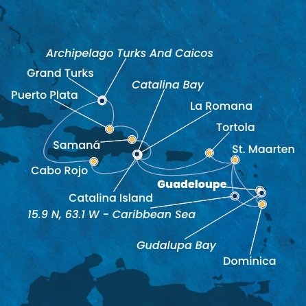 Guadeloupe, Zámořské společenství Francie, Svatý Martin, Britské Panenské ostrovy, Dominikánska republika, Veľká Británia, Dominika z Pointe-à-Pitre na lodi Costa Fascinosa