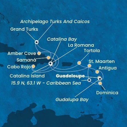 Guadeloupe, Zámořské společenství Francie, Antigua a Barbuda, Britské Panenské ostrovy, Dominikánska republika, Veľká Británia, Svatý Martin, Dominika z Pointe-à-Pitre na lodi Costa Fascinosa