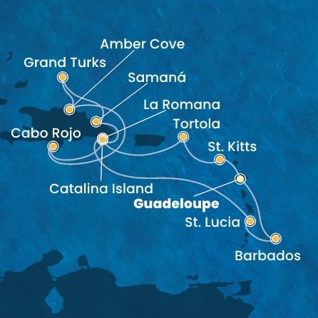 Guadeloupe, Svätý Krištof a Nevis, Britské Panenské ostrovy, Dominikánska republika, Veľká Británia, Svätá Lucia, Barbados z Pointe-à-Pitre na lodi Costa Pacifica