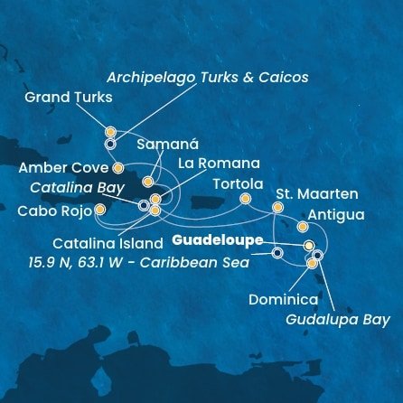 Guadeloupe, Zámořské společenství Francie, Antigua a Barbuda, Britské Panenské ostrovy, Dominikánska republika, Veľká Británia, Svatý Martin, Dominika z Pointe-à-Pitre na lodi Costa Fascinosa