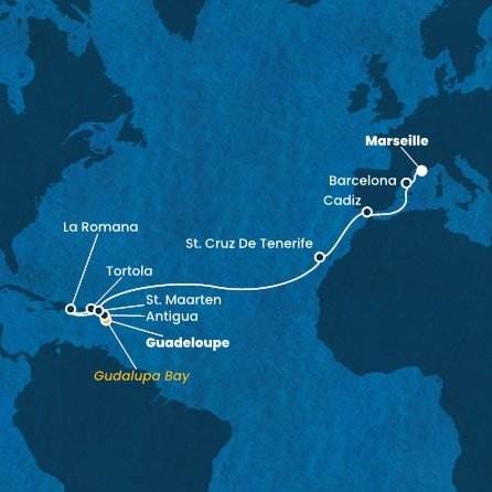 Guadeloupe, Zámořské společenství Francie, Antigua a Barbuda, Britské Panenské ostrovy, Dominikánska republika, Svatý Martin, Španielsko, Francúzsko z Pointe-à-Pitre na lodi Costa Fascinosa