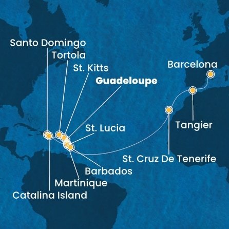 Guadeloupe, Svätý Krištof a Nevis, Britské Panenské ostrovy, Dominikánska republika, Martinik, Svätá Lucia, Barbados, Španielsko, Maroko z Pointe-à-Pitre na lodi Costa Fascinosa