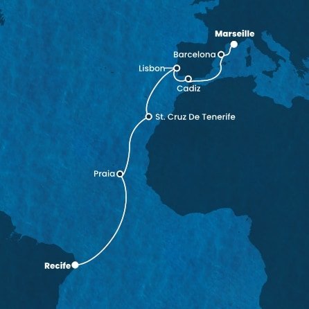 Brazília, Kapverdy, Španielsko, Portugalsko, Francúzsko z Recife na lodi Costa Pacifica