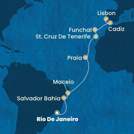 Brazília, Kapverdy, Španielsko, Portugalsko z Rio de Janeira na lodi Costa Diadema