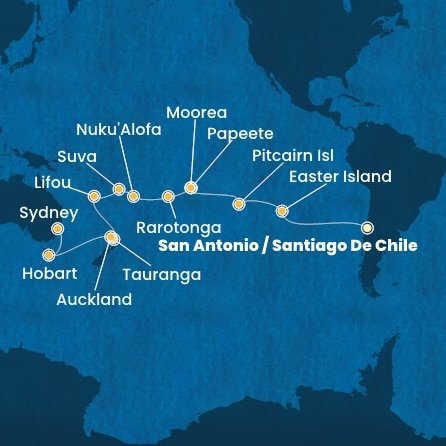 Chile, Zámořské území Velké Británie, Francouzská Polynésie, Cookovy ostrovy, Tonga, Fiji, Nová Kaledonie, Nový Zéland, Austrália ze San Antonio na lodi Costa Deliziosa