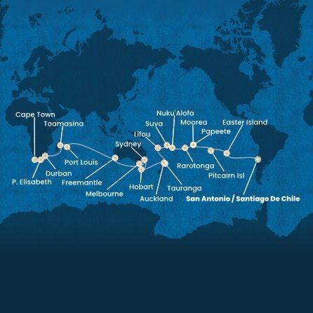 Chile, Zámořské území Velké Británie, Francouzská Polynésie, Cookovy ostrovy, Tonga, Fiji, Nová Kaledonie, Nový Zéland, Austrália, Maurícius, Madagaskar, Juhoafrická republika ze San Antonio na lodi Costa Deliziosa