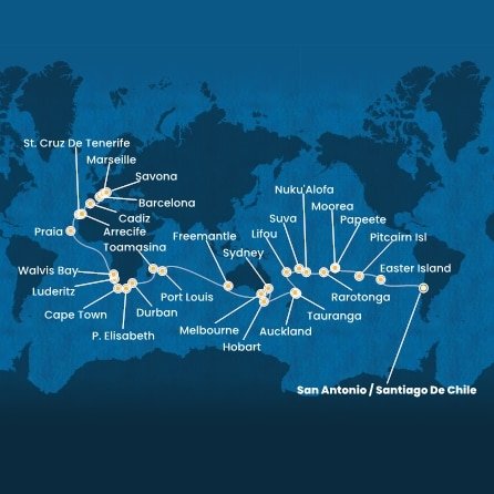 Chile, Zámořské území Velké Británie, Francouzská Polynésie, Cookovy ostrovy, Tonga, Fiji, Nová Kaledonie, Nový Zéland, Austrália, Maurícius, Madagaskar, Juhoafrická republika, Namíbia, Kapverdy, Španielsko, Francúzsko, Taliansko ze San Antonio na lodi Costa Deliziosa