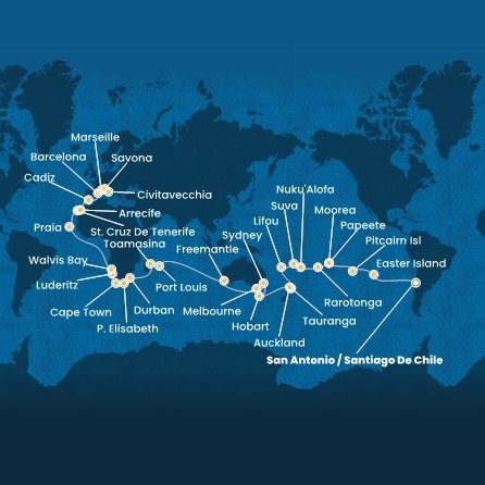 Chile, Zámořské území Velké Británie, Francouzská Polynésie, Cookovy ostrovy, Tonga, Fiji, Nová Kaledonie, Nový Zéland, Austrália, Maurícius, Madagaskar, Juhoafrická republika, Namíbia, Kapverdy, Španielsko, Francúzsko, Taliansko ze San Antonio na lodi Costa Deliziosa