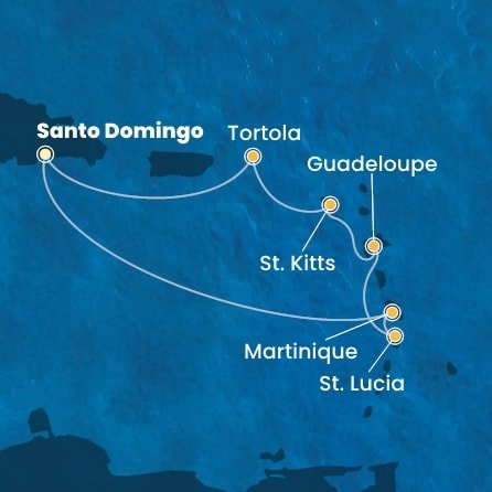 Dominikánska republika, Martinik, Svätá Lucia, Guadeloupe, Svätý Krištof a Nevis, Britské Panenské ostrovy zo Santa Dominga na lodi Costa Fascinosa