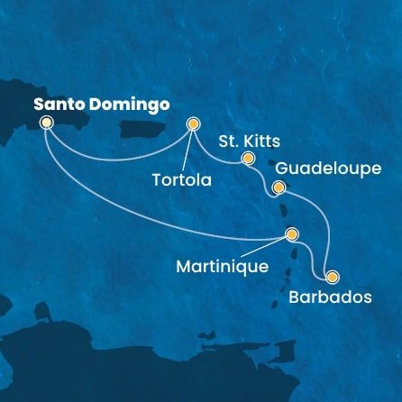 Dominikánska republika, Martinik, Barbados, Guadeloupe, Svätý Krištof a Nevis, Britské Panenské ostrovy zo Santa Dominga na lodi Costa Fascinosa