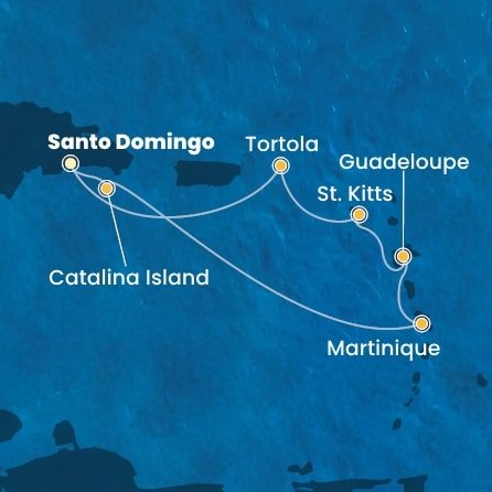 Dominikánska republika, Martinik, Guadeloupe, Svätý Krištof a Nevis, Britské Panenské ostrovy zo Santa Dominga na lodi Costa Fascinosa