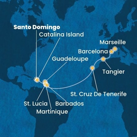 Dominikánska republika, Martinik, Guadeloupe, Svätá Lucia, Barbados, Španielsko, Maroko, Francúzsko zo Santa Dominga na lodi Costa Fascinosa