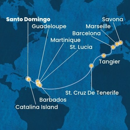 Dominikánska republika, Martinik, Guadeloupe, Svätá Lucia, Barbados, Španielsko, Maroko, Francúzsko, Taliansko zo Santa Dominga na lodi Costa Fascinosa