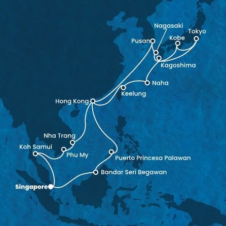 Singapur, Brunej, Filipíny, Čína, Tchaj-wan, Japonsko, Južná Kórea, Vietnam, Thajsko zo Singapuru na lodi Costa Serena