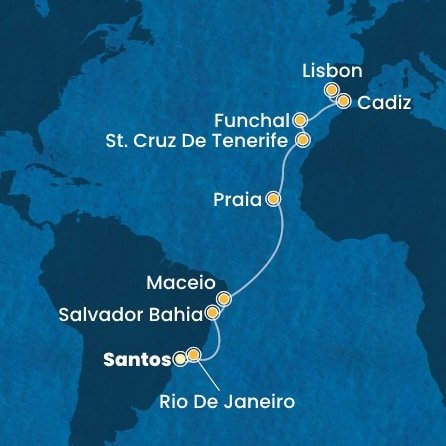 Brazília, Kapverdy, Španielsko, Portugalsko zo Santosu na lodi Costa Diadema