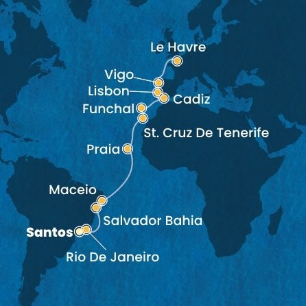 Brazília, Kapverdy, Španielsko, Portugalsko, Francúzsko zo Santosu na lodi Costa Diadema