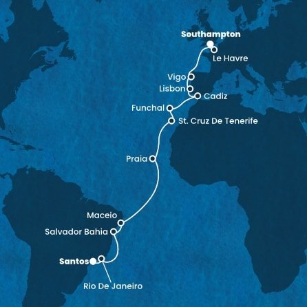 Brazília, Kapverdy, Španielsko, Portugalsko, Francúzsko, Veľká Británia zo Santosu na lodi Costa Diadema