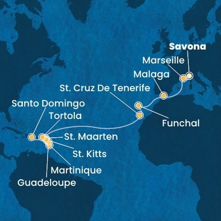 Taliansko, Francúzsko, Španielsko, Portugalsko, Svatý Martin, Martinik, Guadeloupe, Svätý Krištof a Nevis, Britské Panenské ostrovy, Dominikánska republika zo Savony na lodi Costa Fascinosa