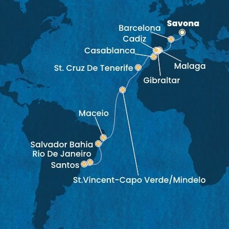 Taliansko, Španielsko, Gibraltár, Maroko, Kapverdy, Brazília zo Savony na lodi Costa Diadema