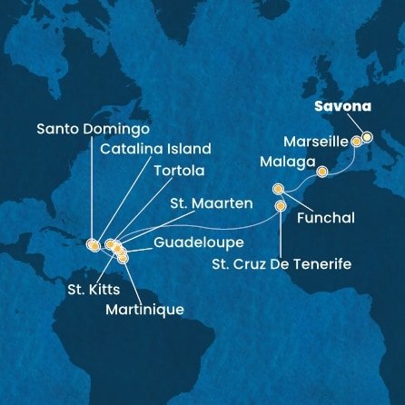 Taliansko, Francúzsko, Španielsko, Portugalsko, Svatý Martin, Martinik, Guadeloupe, Svätý Krištof a Nevis, Britské Panenské ostrovy, Dominikánska republika zo Savony na lodi Costa Fascinosa