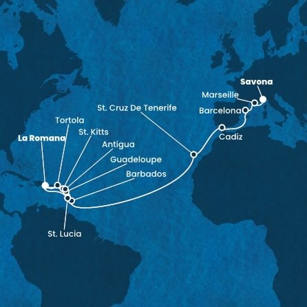 Taliansko, Francúzsko, Španielsko, Barbados, Guadeloupe, Svätý Krištof a Nevis, Britské Panenské ostrovy, Dominikánska republika, Svätá Lucia, Antigua a Barbuda zo Savony na lodi Costa Fascinosa