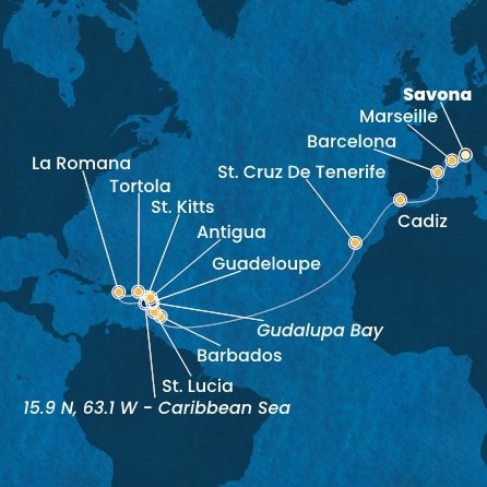 Taliansko, Francúzsko, Španielsko, Barbados, Guadeloupe, Svätý Krištof a Nevis, Britské Panenské ostrovy, Dominikánska republika, Svätá Lucia, Zámořské společenství Francie, Antigua a Barbuda zo Savony na lodi Costa Fascinosa