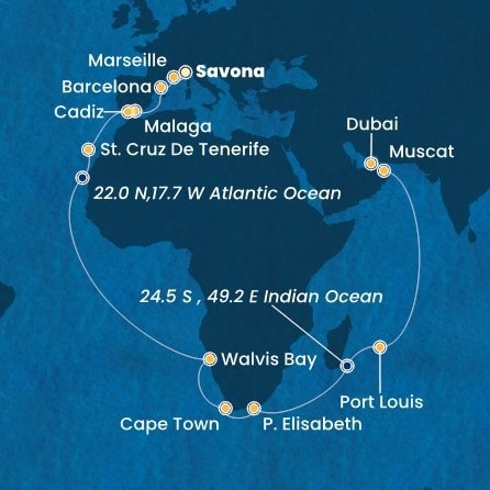 Taliansko, Francúzsko, Španielsko, Namíbia, Juhoafrická republika, , Maurícius, Omán, Spojené arabské emiráty zo Savony na lodi Costa Toscana