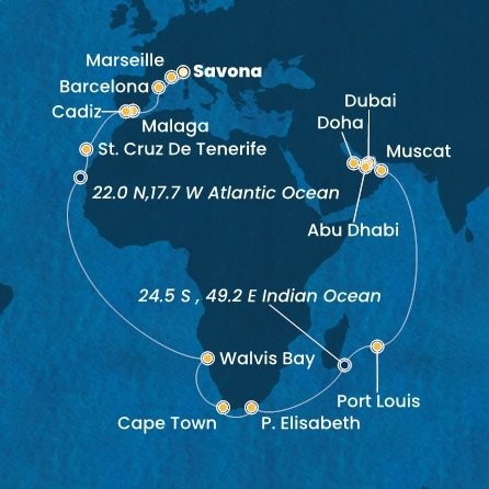 Taliansko, Francúzsko, Španielsko, Namíbia, Juhoafrická republika, , Maurícius, Omán, Spojené arabské emiráty, Katar zo Savony na lodi Costa Toscana