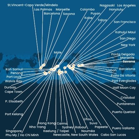 Taliansko, Francúzsko, Španielsko, Portugalsko, USA, , Panama, Kostarika, Guatemala, Mexiko, Francouzská Polynésie, Fiji, Nová Kaledonie, Austrália, Papua Nová Guinea, Japonsko, Južná Kórea, Tchaj-wan, Čína, Vietnam, Thajsko, Singapur, Malajzia, Srí Lanka, Maledivy, Maurícius, Juhoafrická republika, Namíbia, Kapverdy zo Savony na lodi Costa Deliziosa