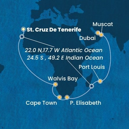 Španielsko, Namíbia, Juhoafrická republika, , Maurícius, Omán, Spojené arabské emiráty z Tenerife na lodi Costa Toscana