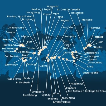 Taliansko, Francúzsko, Španielsko, Maroko, Barbados, Kolumbia, Panama, Ekvádor, Peru, Chile, Zámořské území Velké Británie, Francouzská Polynésie, Samoa, Tonga, Fiji, Vanuatská republika, Nová Kaledonie, Austrália, Papua Nová Guinea, Japonsko, Južná Kórea, Tchaj-wan, Čína, Vietnam, Singapur, Malajzia, Srí Lanka, Maledivy, Maurícius, Juhoafrická republika, Namíbia, Kapverdy, Grécko z Trieste na lodi Costa Deliziosa