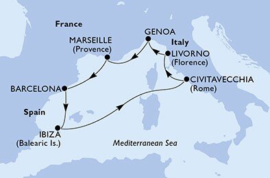 Španielsko, Taliansko, Francúzsko z Barcelony na lodi MSC Splendida