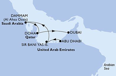 Spojené arabské emiráty, Saúdská Arábie, Katar z Abu Dhabi na lodi MSC Virtuosa