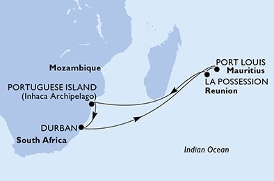 Juhoafrická republika, Maurícius, Reunion, Mozambik z Durbanu na lodi MSC Splendida