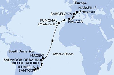 Francúzsko, Španielsko, Portugalsko, Brazília z Marseille na lodi MSC Grandiosa