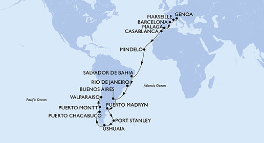 Taliansko, Francúzsko, Španielsko, Maroko, Kapverdy, Brazília, Argentína, Zámořské území Velké Británie, Chile z Janova na lodi MSC Magnifica