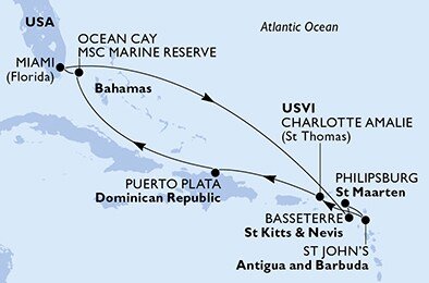 USA, Svätý Krištof a Nevis, Svatý Martin, Antigua a Barbuda, Dominikánska republika, Bahamy z Miami na lodi MSC Divina