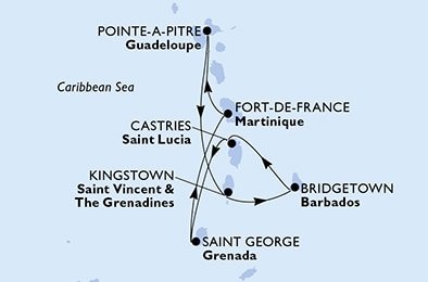 Martinik, Guadeloupe, Svätý Vincent a Grenadiny, Barbados, Svätá Lucia, Grenada z Fort de France, Martinik na lodi MSC Virtuosa