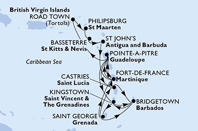 Barbados, Svätý Vincent a Grenadiny, Grenada, Martinik, Guadeloupe, Britské Panenské ostrovy, Svatý Martin, Svätý Krištof a Nevis, Antigua a Barbuda z Bridgetownu na lodi MSC Virtuosa