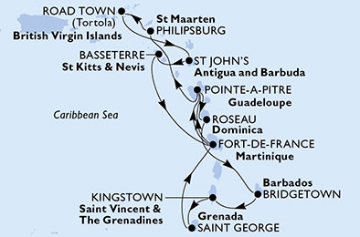 Martinik, Guadeloupe, Dominika, Barbados, Svätý Vincent a Grenadiny, Grenada, Svatý Martin, Britské Panenské ostrovy, Antigua a Barbuda, Svätý Krištof a Nevis z Fort de France, Martinik na lodi MSC Virtuosa