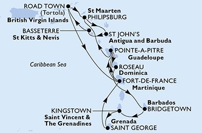 Barbados, Svätý Vincent a Grenadiny, Grenada, Martinik, Guadeloupe, Svatý Martin, Antigua a Barbuda, Svätý Krištof a Nevis, Britské Panenské ostrovy, Dominika z Bridgetownu na lodi MSC Virtuosa