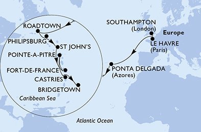 Veľká Británia, Francúzsko, Portugalsko, Britské Panenské ostrovy, Svatý Martin, Antigua a Barbuda, Martinik, Guadeloupe, Svätá Lucia, Barbados zo Southamptonu na lodi MSC Virtuosa