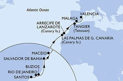 Brazília, Španielsko, Maroko zo Santosu na lodi MSC Grandiosa