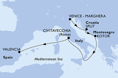 Taliansko, Chorvátsko, Čierna Hora, Španielsko z Benátok na lodi MSC Lirica