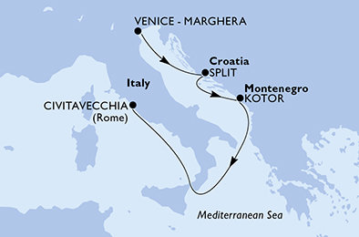 Taliansko, Chorvátsko, Čierna Hora z Benátok na lodi MSC Lirica