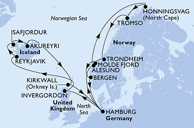 Nemecko, Nórsko, Veľká Británia, Island z Hamburgu na lodi MSC Preziosa