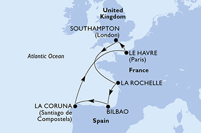 Veľká Británia, Francúzsko, Španielsko zo Southamptonu na lodi MSC Virtuosa