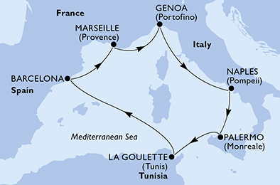 Taliansko, Tunisko, Španielsko, Francúzsko z Janova na lodi MSC Fantasia