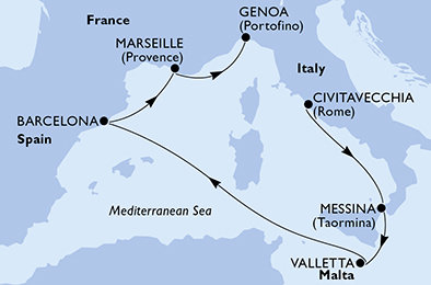 Taliansko, Malta, Španielsko, Francúzsko z Civitavechie na lodi MSC World Europa